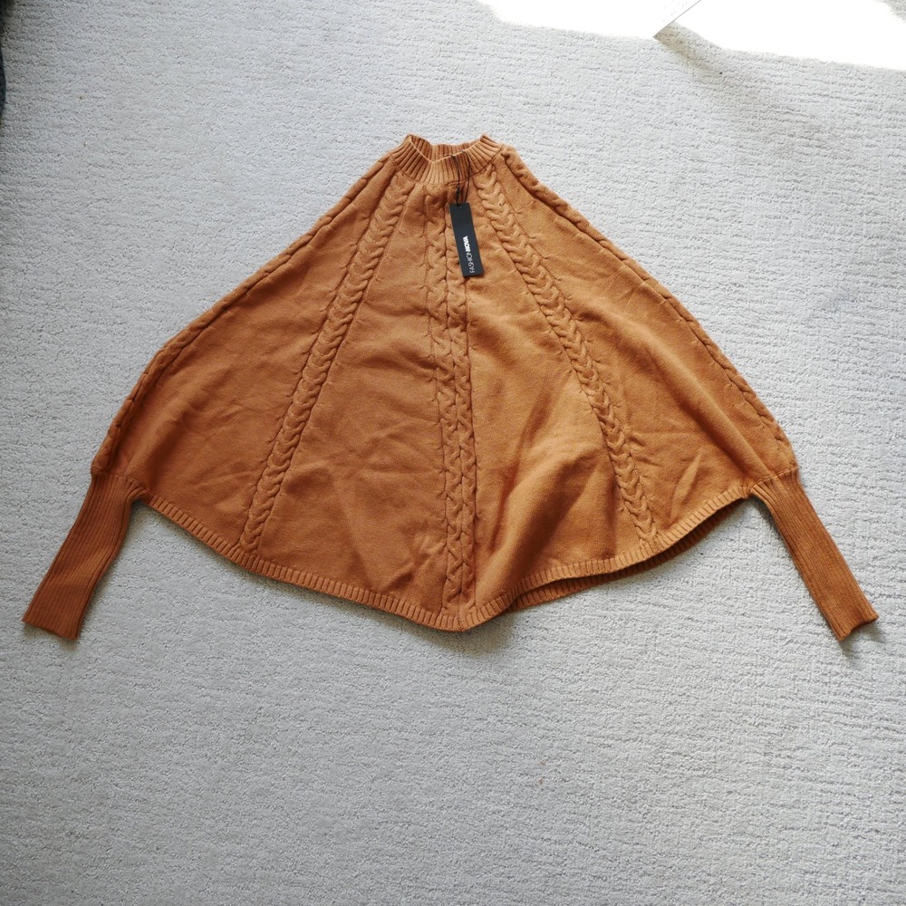 Fashion Nova Womens Camel Cable Knit Mock Neck Poncho Sweater Brown Large NEW